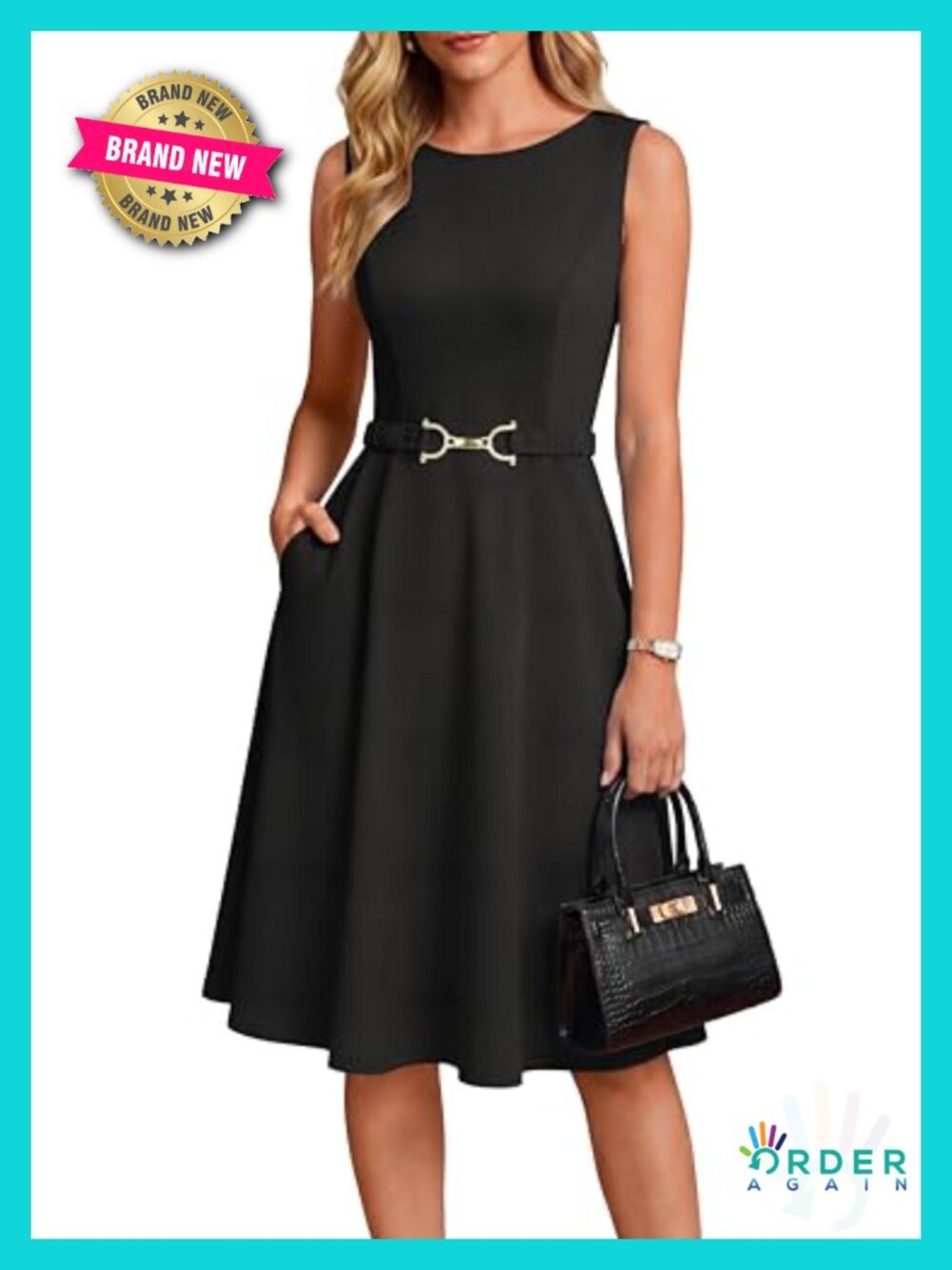 Sleeveless Flowy Midi Work Business Dress with Belt & Pockets